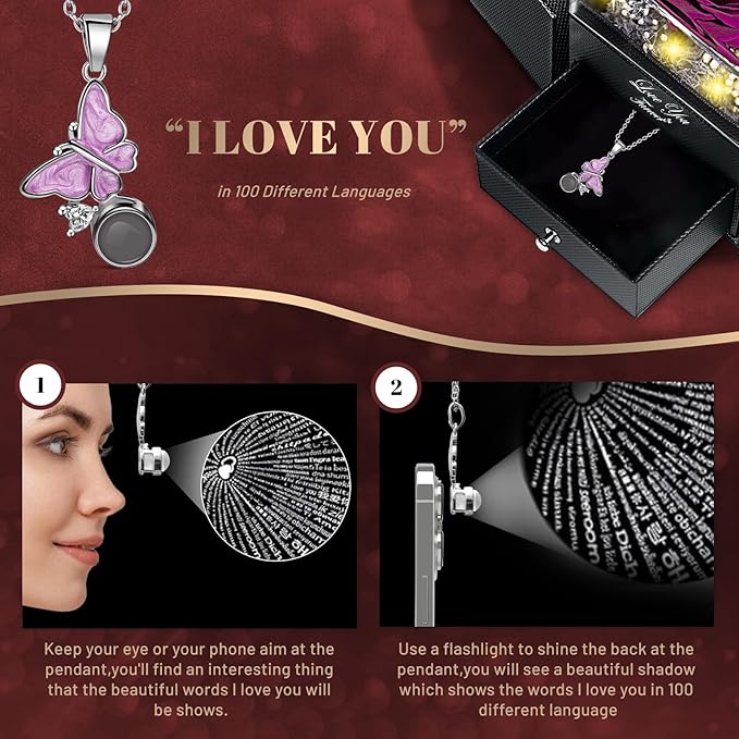 DRTINA Preserved Purple Real Rose with I Love You Butterfly Necklace-Eternal Flowers Rose Birthday Gifts for Women Wife Mom Girlfriend Grandma on Mothers Day Valentines Anniversary Christmas Romantic
