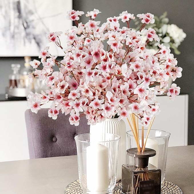 24 Pcs Artificial Cherry Blossom Flowers 18" Faux Silk Cherry Blossom Stems Fake Real Touch Peach Branches for Wedding Home Garden Japanese Decor Light Pink