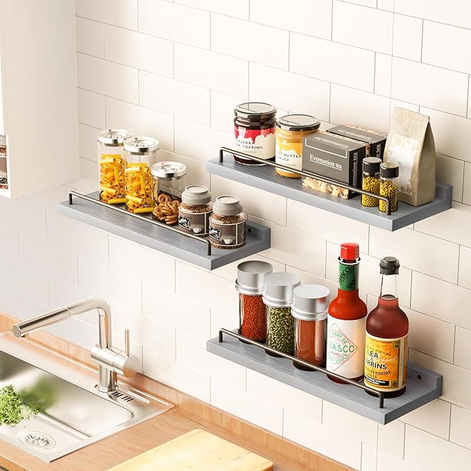 RYOFOBETTO Floating Shelves for Wall Decor, Grey Shelves for Bathroom, Living Room, Bedroom, Picture Frames, Plants, Kitchen (Set of 3)