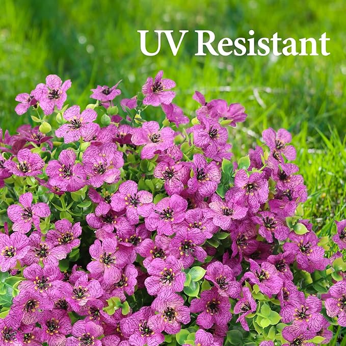 Artificial Flowers Outdoor Faux Plants UV Resistant Fake Patio Flowers Plastic Greenery Plnats Outside Bulk for Spring Garden Hanging Planter Home Vase Decor, 12 Bundles (Purple)