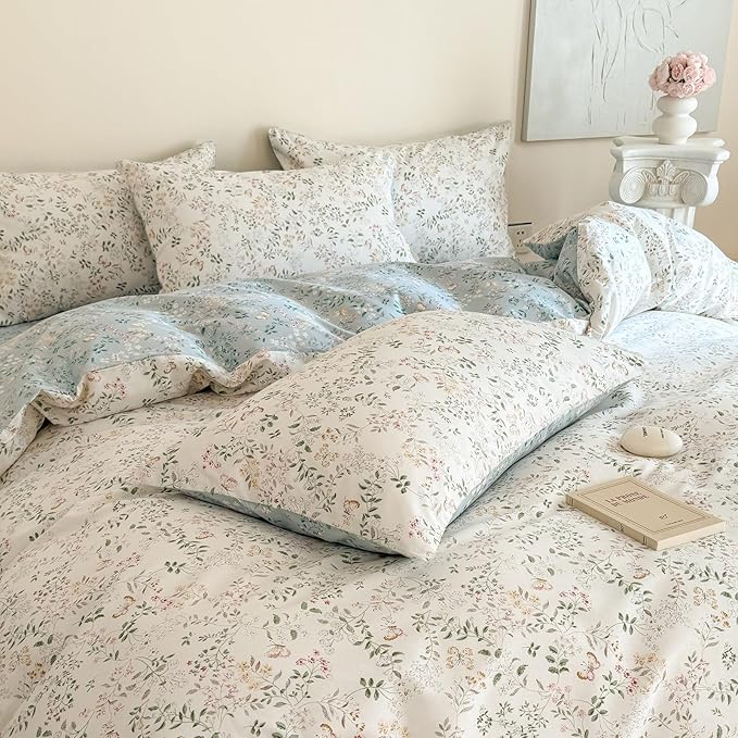 EAVD Garden Style Botanical Duvet Cover King Soft Cotton Chic Shabby Floral Leaves Pattern Bedding Set with 2 Pillowcases Fresh Vibrant Floral Duvet Cover with Zipper Closure