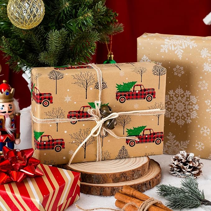 MAYPLUSS Christmas Wrapping Paper Roll - Mini Roll - 17in x 120in - Christmas Kraft Paper White Snowflake Red Truck, Stripe for Party, Birthday, Wedding, Anniversary (42.3 sqft)