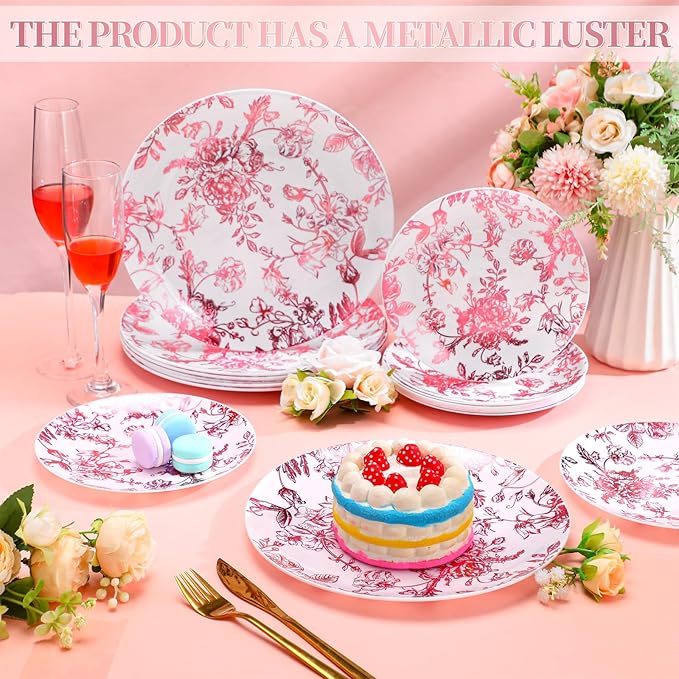 Suclain 60 Pcs Pink Plastic Floral Plates Disposable Heavy Duty White with Pink Floral 9" Dinner Plate and 7" Dessert Plate, Disposable Plastic Plates for Party Birthday Bridal Shower