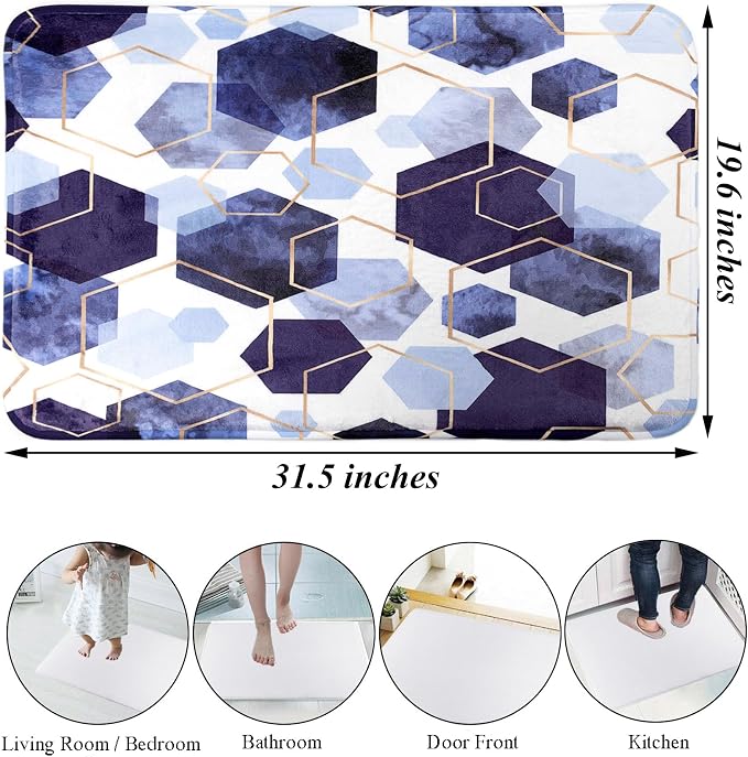 LB Navy Blue Marble Bath Mat for Bathroom Abstract Geometric Non Slip Floor Rug Gold Honeycomb Hexagon Doormat Super Absorbent Memory Foam Living Room Bedroom Door Front Area Rugs,31.5x19.6 Inch