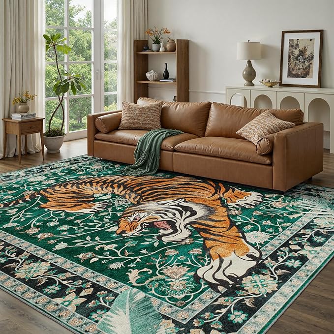 DCX Washable 9x12 Tiger Area Rug, Green Vintage Animal Rug for Living Room, Soft Low Pile Carpet, Kid & Pet Friendly with Rubber Back Non Slip, Stain Resistant Rug for Bedroom Dining Room Office