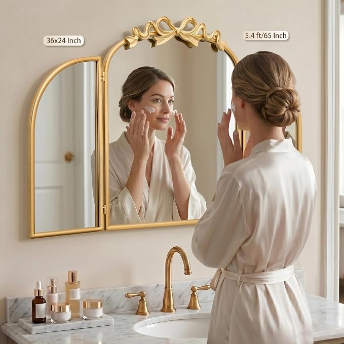 Besdomus Bow Vanity 3 Way Mirror: 36"x24" Gold Large Antique Wall Vanity Mirror - French Baroque Traditional Ornate for Bathroom/Bedroom/Living Room - Home Decor for Housewife