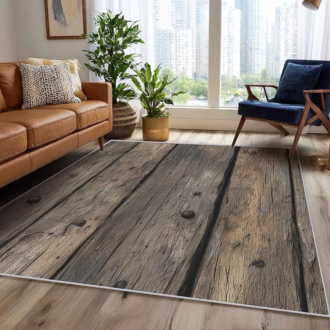 Wood Plank Farmhouse Area Rug, Rustic Vintage Texture Pattern Carpet, Washable Non Slip Low Pile Soft Thin, Living Room Bedroom Home Decor Mat 5x8ft