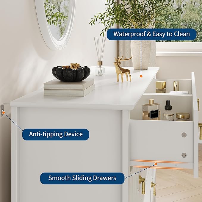 GarveeHome Fluted Dresser for Bedroom, 54 Inch Wide 6-Drawer Wood Dresser, Modern Chest of Drawers, Storage Organizer Cabinet for Living Room, Hallway, Entryway, White