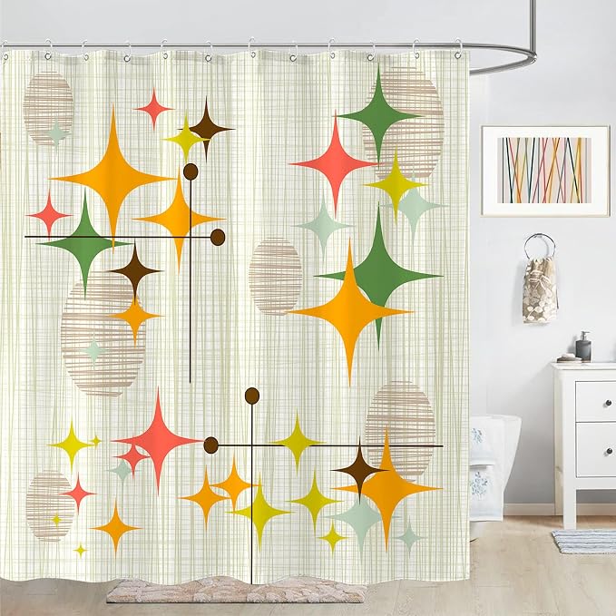 84 Inch Extra Long Mid Century Modern Shower Curtain Retro Stars Shower Curtains for Bathroom Abstract Vintage Boho Art Waterproof Fabric Bath Curtain Decor (Yellow1, 72'' x 84'')