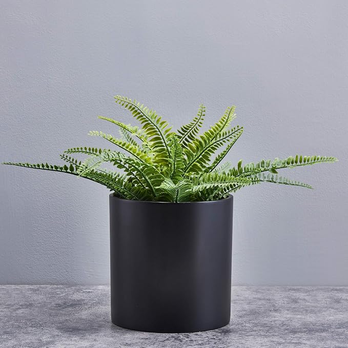 FaithLand 8 Inch Fiberstone Planter - Lightweight Modern Cylinder Plant Pot with Drainage Hole & Plug, Indoor Outdoor Use, Matte Black
