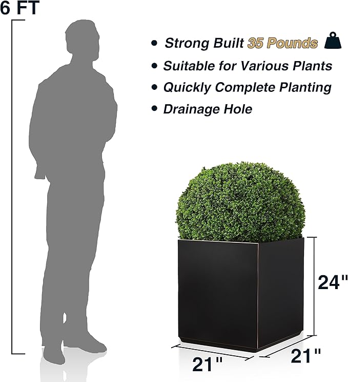 Wallowa Metallic Heavy Cube Planter Box, No Assemble, Seamless Large Square Planter for Trees, Plants and Flowers 21”Lx21”Wx24”H 35Pounds Black with Hand Brushed Gold Rim