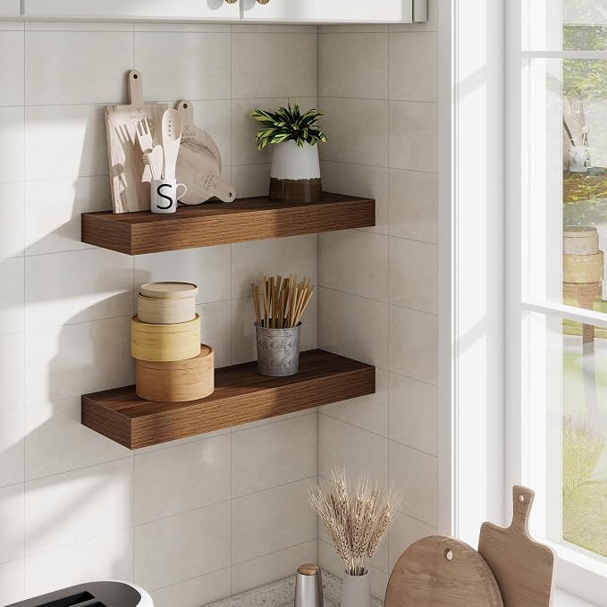 Fun Memories Floating Shelves Bathroom for Wall Mounted Shelves, 20 Inch Wood Shelf Set of 2, Home Storage & Display Decor, Walnut
