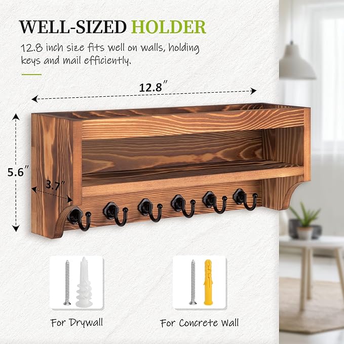 Nekon Key Holder Wall Mount, 12.8" W x 5.6" H x 3.7" D Wall Mounted Key and Mail Organizer with 6 Key Hooks, Key Racks for Home Entryway Decor (Brown)
