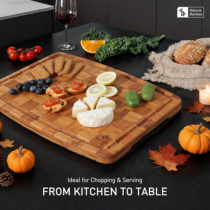 Extra Large Bamboo Cutting Board with Non Slip Feet and Over Sink Butcher Block Chopping Board Nice Solid Thick Wooden Juice Groove Big Xl XXl xlarge Kitchen Counter Organic Best Hardwood