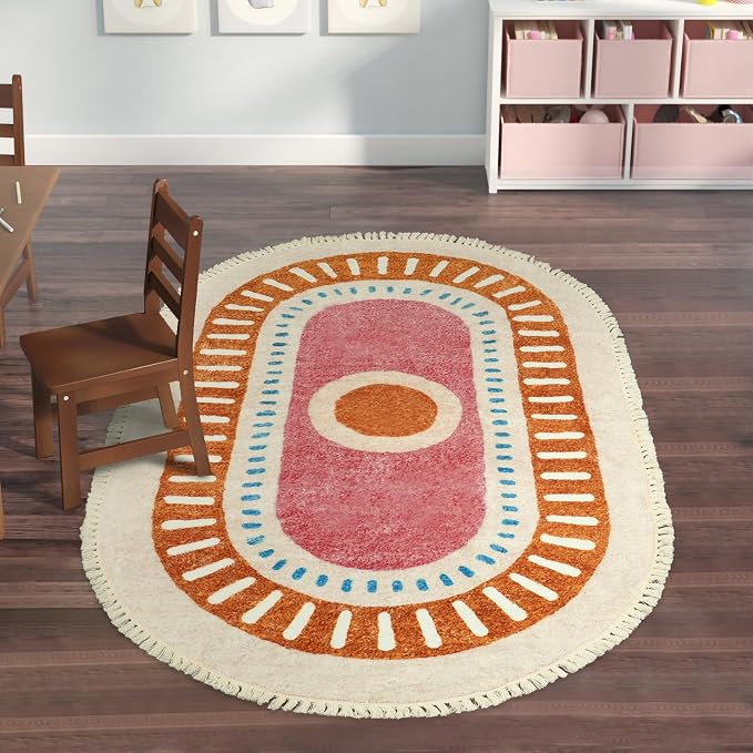 Lukinbox Boho Area Rugs for Living Room, 3x5 Oval Sun Machine Washable Bedroom Rug, Super Soft Non-Slip Orange Circular Rainbow Throw Rug for Entryway Kids Room Playroom Nursery Room Dinning Room