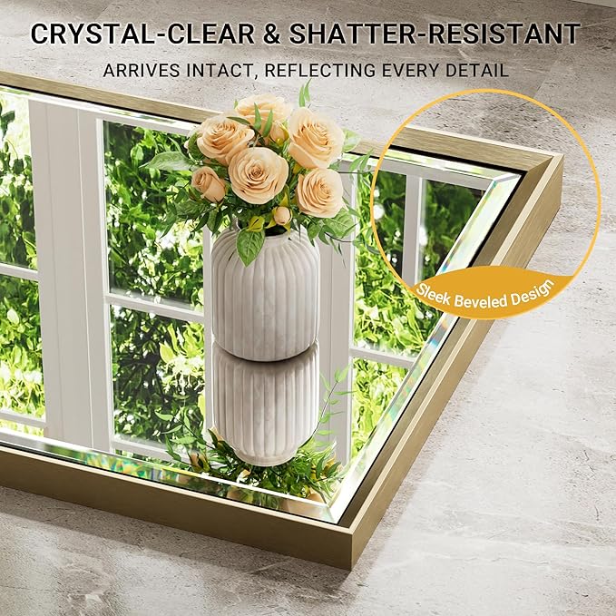 60 x 36 Gold Bathroom Mirror, Brushed Gold Beveled Bathroom Mirror, Shatterproof Large Gold Frame Rectangle Mirror, Brushed Brass Gold Framed Vanity Mirror Vertical/Horizontal Wall-Mounted