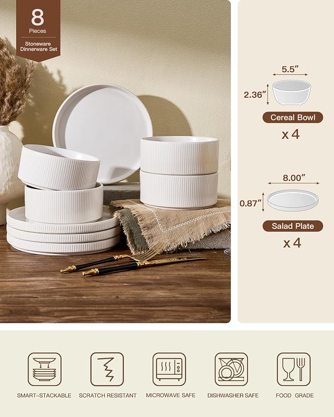 8-Piece Ceramic Plates and Bowls Sets for 4, Matte White | Handcrafted reactive glaze stoneware dinnerware. Chip & scratch resistant. Microwave & dishwasher safe. Everyday/formal use.