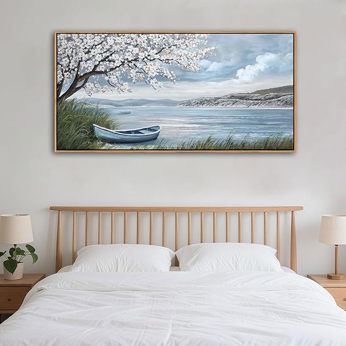 KLAKLA Large Canvas Art Plum Blossom Lake White Wall Decor Living Room Bedroom Picture Over Bed Framed Artwork for Wall Modern Canvas Paintings Office 24x48 Inches