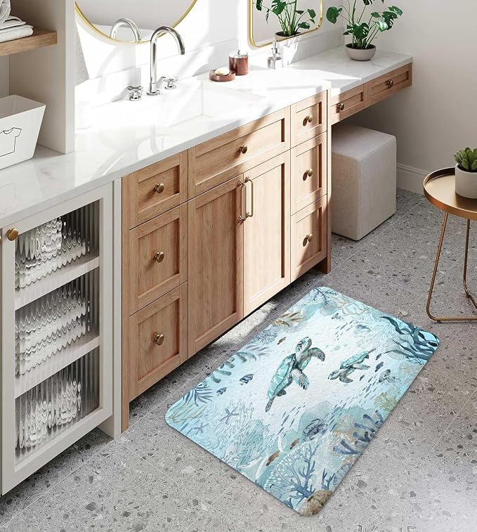 Sea Turtle Bath Rugs for Bathroom, Teal Blue Ocean Beach Coastal Funny Animal Nautical Starfish Fish Non Slip Flannel Bathroom Rug, Dry Fast Water Absorbent Bath Mats, 17x29 Inch