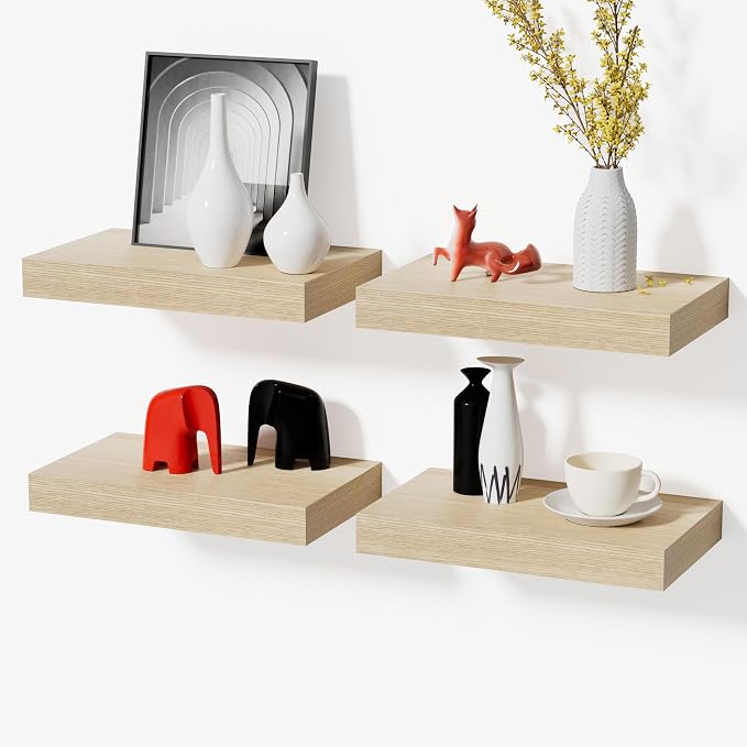 Oak Floating Shelves for Wall Set of 4, 11.8 Inch Small Wood Wall Shelves for Bathroom Over Toilet, Kitchen & Bedroom Storage, Wall Mounted Shelves for Spice Jars, Coffee Bar & Decor