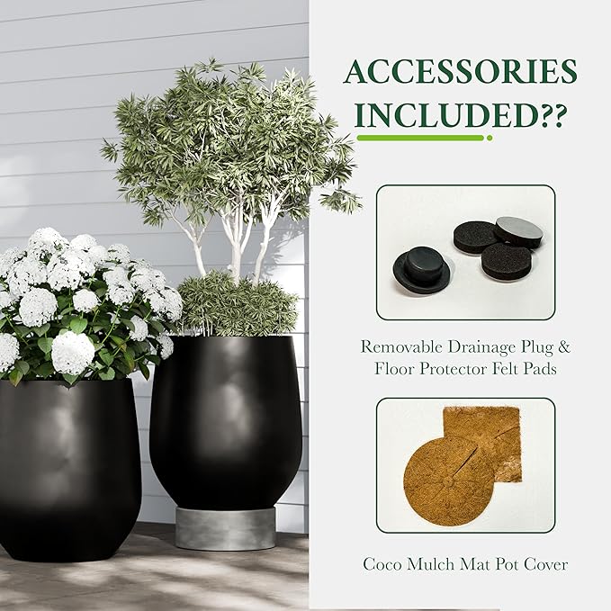 DTY Signature Mount Wilson Modern Indoor Outdoor Fiberstone Tapered Planter, Lightweight, Weather Resistant Garden Pot with Drainage Hole & Rubber Plug, Planter for Christmas Decor - Black, Large