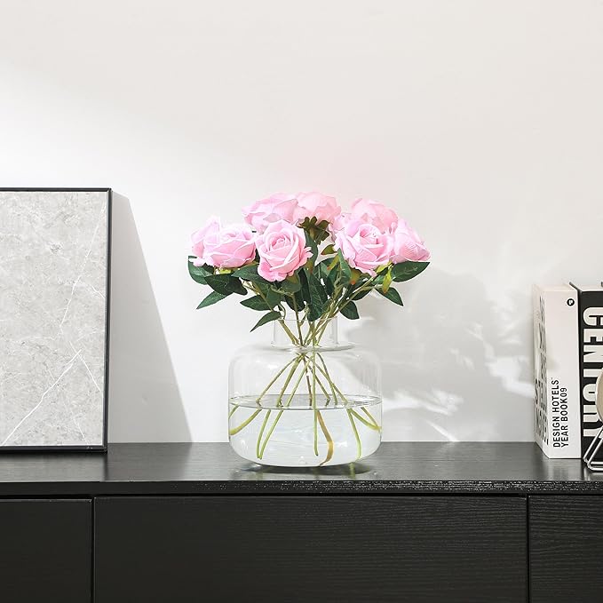 Round Glass Vase, Wide Glass Vase, Large Clear Vases for Flowers, 8 Inch Large Flower Vases for Living Room, Dining Table, Wedding, Bookshelf, Office Decor