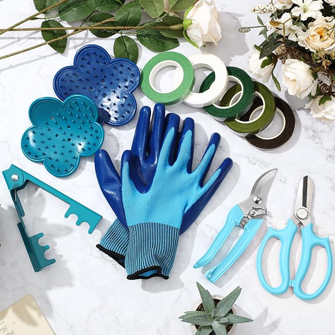 WILLBOND Floral Arrangement Kit, Christmas Rose Thorn Stripper Tool Garden Pruning Shears Scissors Rose Thorn Remover Pruner Trimmer Gloves Tapes Florist Garden Tool Gift Kit for Women(Blue)