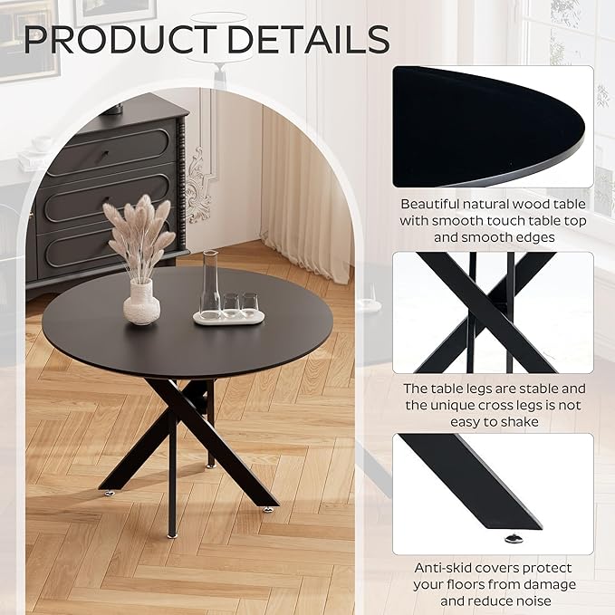 RGZ Mid Century Black Round Dining Table Set for 4, 36" Small Wooden Circle Kitchen Table & 4 White PU Leather Kitchen Chairs, Dinner Table Set for Home, Apartment, Dining Room