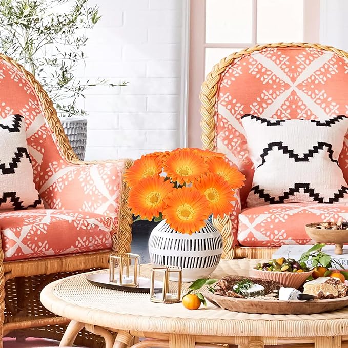 Orange Flowers Artificial Gerbera Daisies 8Pcs PU Daisy Flowers 11.8 Inches Small Artificial Flowers for Vase Wedding Centerpiece Arrangement Living Room Home Decor
