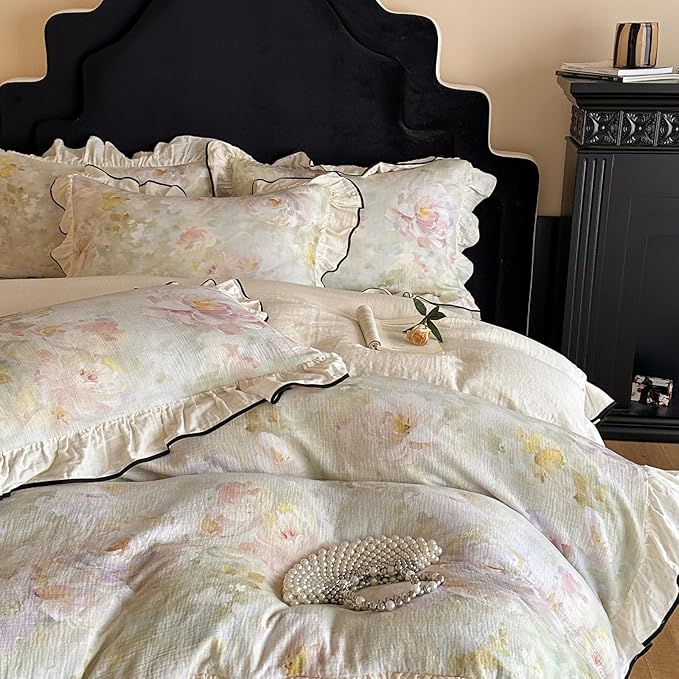 VM VOUGEMARKET Chic Floral Duvet Cover Full with Romantic Ruffles 100% Organic Cotton,Soft Textured Gauze Weave Comforter Cover with Zip Closure and Corner Ties- 80"x90"