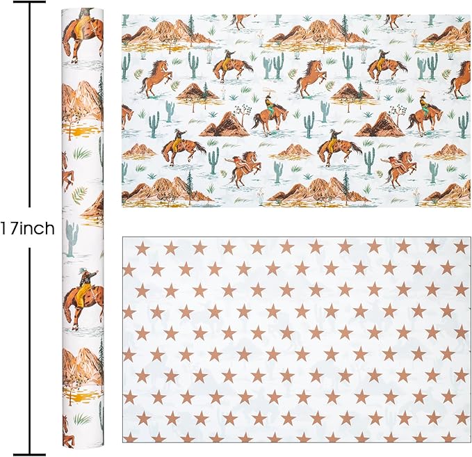 Homeral Reversible Cowboy Wrapping Paper Roll - 17In x 32.8Ft Western Gift Wrap with Rodeo Horse and Star Pattern for Boys Birthday, Fathers Day, Bachelor Party, Christmas, Farm Theme, Holiday