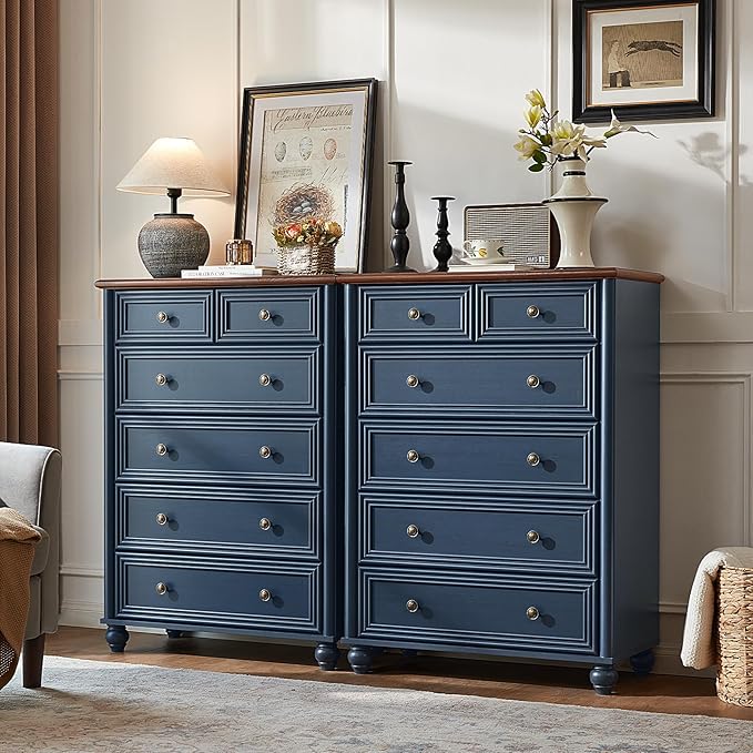 Farmhouse 6 Drawer Dresser Set of 2, Blue Chest of Drawers, 43.5" Tall Dressers for Bedroom with Roman Column and Metal Handles, Rustic Wood Storage Organizer for Living Room, Hallway, Closet