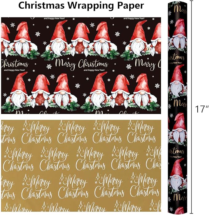 MAYPLUSS Christmas Wrapping Paper Roll - 17IN X 33FT - Gnome Gift Wrapping Paper Featuring white Snowflake Against black Reversible Merry Christams for Kids, Holiday, New Year