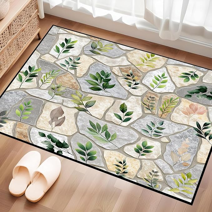 2'x3' Optical Illusion Rug 3D Stone Floor Mat Green Leaf Botanical Area Rug Rustic Nature Washable Carpet for Entryway Bedroom Living Room Kitchen Home Decor
