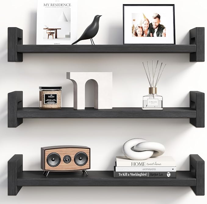 Vailando Floating Shelves for Wall, Set of 3 Solid Wood Wall Mounted Shelves, 16" Black Display Shelf for Bedroom, Living Room, Bathroom, and Kitchen Decor - Heavy-Duty & Natural Pine