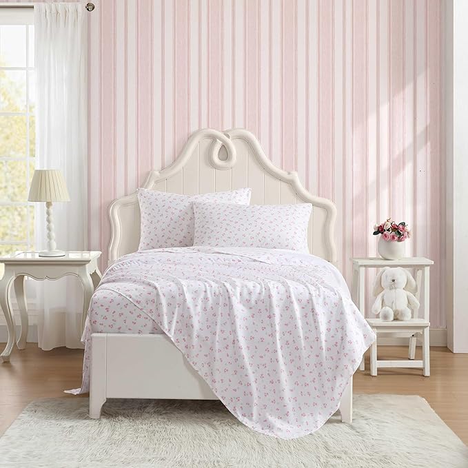 Laura Ashley - Kids Sheet Set, Ultra-Soft & Breathable Toddler Bedding with Matching Pillowcases, Wrinkle-Resistant, Ideal Girl Room Essentials (Busy Bee Pink, Full)