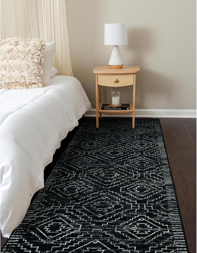 Wonnitar Moroccan Runner Rugs for Hallway 2'6"x8', Black Washable Boho Kitchen Non-Slip Rug Runner, Geometric Tribal Long Soft Bathroom Accent Area Rug for Entryway Laundry Bedroom (Black,2'6"x8')