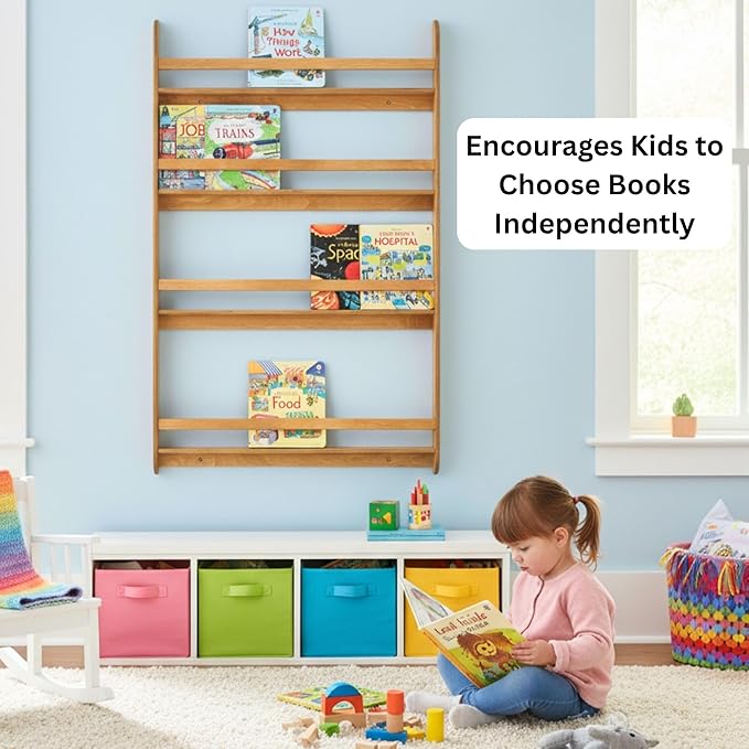 Montessori Wall-Mounted Bookshelf for Toddlers Toy Storage Shelf Organizer for Playroom and Classroom Floor Bookshelves for Kids Room (Oak, XL, 4)