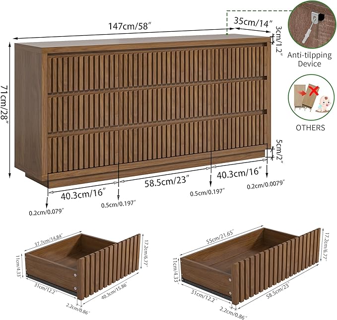 Fluted Long 9 Drawer Dresser, Large Mid Century Dresser for Bedroom, 58" Wide Vintage Chest of Drawers, Wood Closet Clothes Organizer, Walnut TV Stand for Living Room, Wooden, Brown