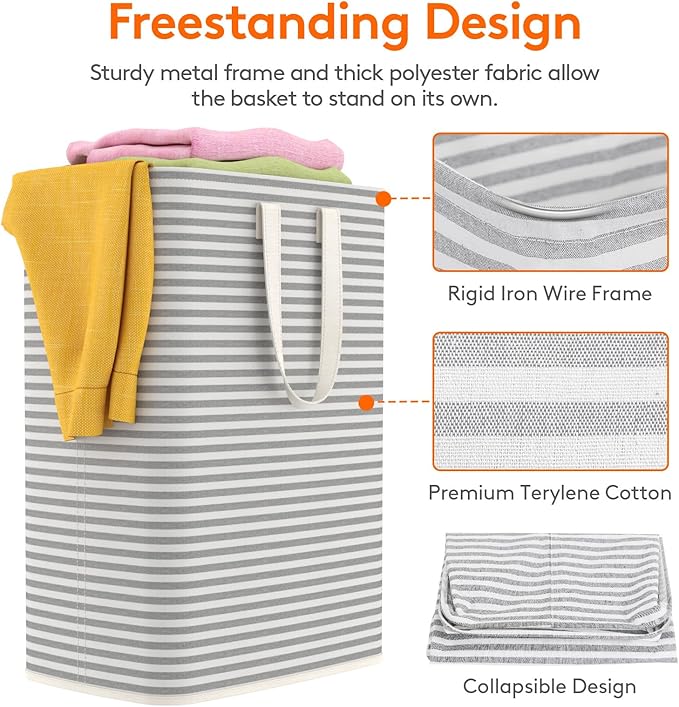 Lifewit Laundry Hamper Large Collapsible Laundry Baskets, Freestanding Waterproof Clothes Hamper with Easy Carry Handles in Laundry Room Bedroom Bathroom College Dorm for Adults, Gray, 2 x 65L