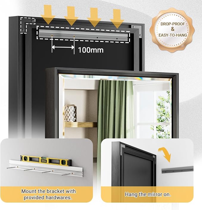 Black Framed Rectangle Beveled Full Length Mirror 16x60 Inch, Anti‑Rust Standing or Wall Mounted Full Body Mirror for Bedroom, Living Room, Entryway, Bathroom Wall