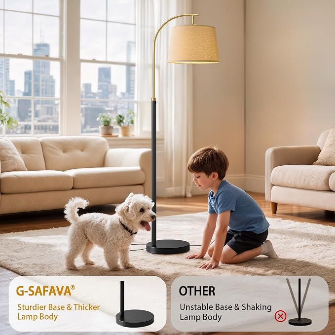 G-SAFAVA 62.5" Floor Lamps for Living Room with Foot Switch Arc Tall Standing Lamp for Bedroom Mid Century Modern Corner Gold Black Floor Lamps for Office Nursery Industrial Reading Light Room Lamp