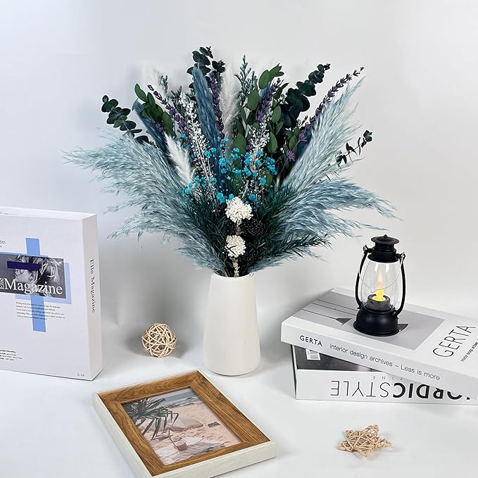 Natural Dried Flower Bouquet, 17” Blue Pampas and Eucalyptus Arrangement with Lavender and Turquoise Accents, Rustic Boho Floral Decor for Living Room, Bedroom, or Gift