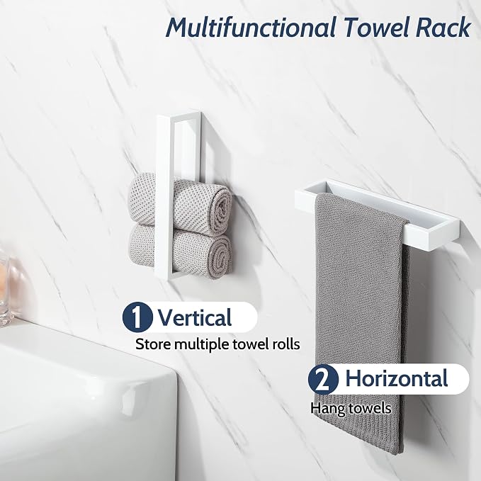Sayayo White Towel Bar for Bathroom, 10 Inch Hand Towel Holder Wall Mount Square Towel Ring SUS304 Stainless Steel Towel Rack