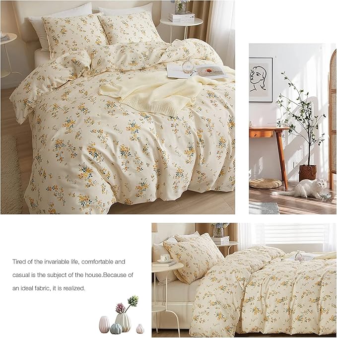 HighBuy 3 Pieces Duvet Covers Queen Size Yellow Floral Duvet Cover Set,Ultra Soft Cotton Bedding Set Botanical Printed Soft Aesthetic Bed Cover with Zipper Closure 4 Ties All Season