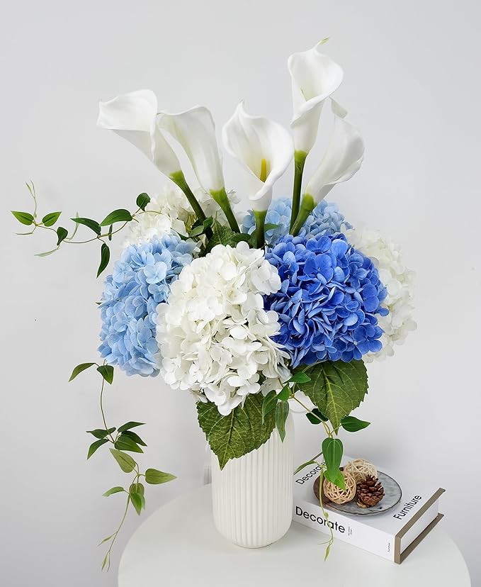 Blue/White Artificial Hydrangeas Silk Flowers, 4Pcs Large Latex Real Touch Lifelike Hydrangea Artificial Flowers,Faux Flowers Bouquet for Halloween Fall Wedding Outdoor Kitchen Table Home