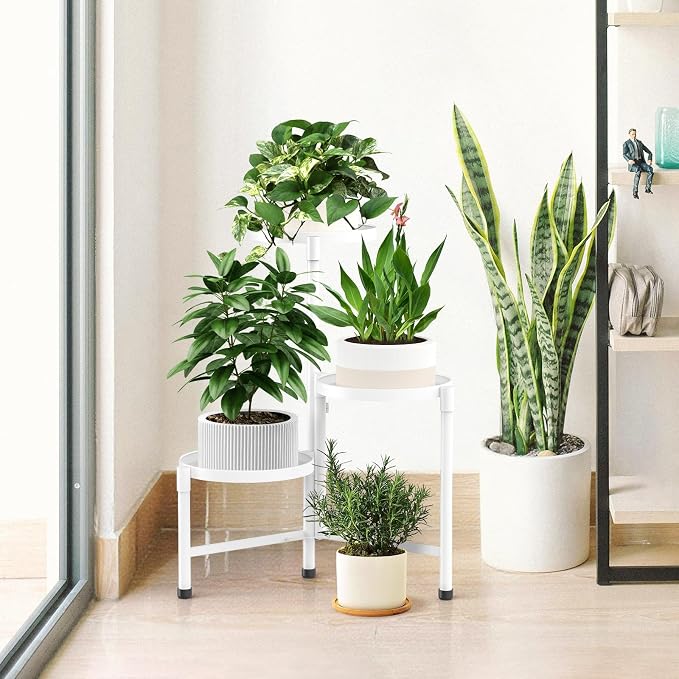 3 Tier Metal Plant Stand Indoor Outdoor, JOPBENG Corner Plant Shelf with 10 Inch Wide Tray,Flower Pot Display Holder Iron Rack Organizer Stand for Living Room Office Garden Patio Balcony Bedroom White