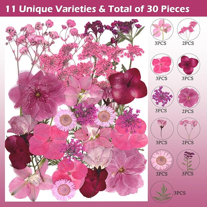 30Pcs Dried Pressed Natural Flowers for Resin Molds Real Pressed Flowers Dry Leaves Bulk Natural Herbs Kit for DIY Scrapbooking Art Crafts Jewelry Molds Candle Soap Making Nails Decor (Pink)