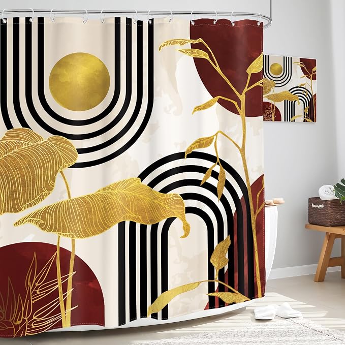 Glawry Red Abstract Mid Century Shower Curtain Boho Retro Tropical Palm Tree Plant Minimalist Sun Arch Bathroom Geometric Aesthetic 60Wx72L Inches Bath Accessories Art Home Decor Fabric 12 Pack Hook