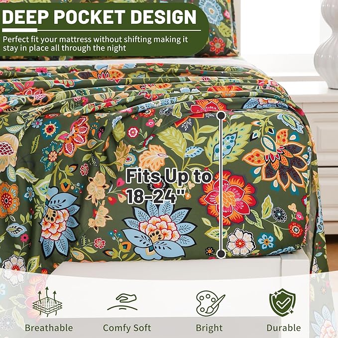 Bedlifes Queen Size Extra Deep Pocket Sheet Sets - Fits Mattresses Up to 18-24" Thick, 4-Piece Microfiber Set with 1800 Thread Count, Soft, Smooth, Breathable, Featuring Floral Dark Green